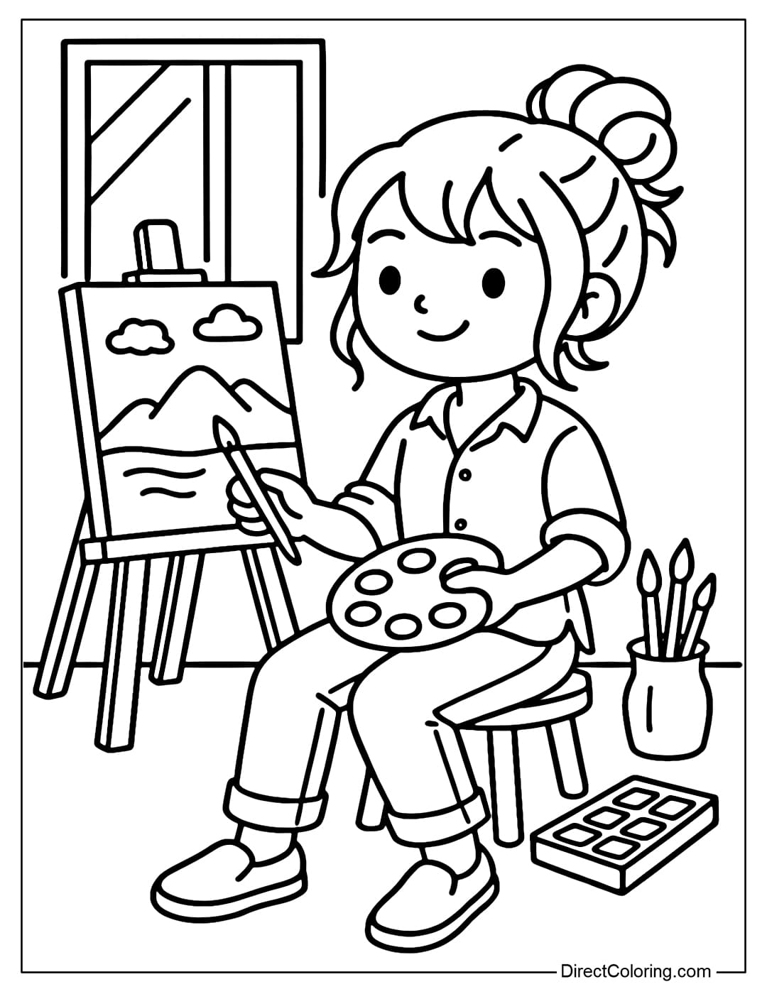 Coloring page of a girl wearing a loose-fitting shirt with rolled sleeves, jeans, holding a paint palette in her hand, next to it were a few brushes in a jar.