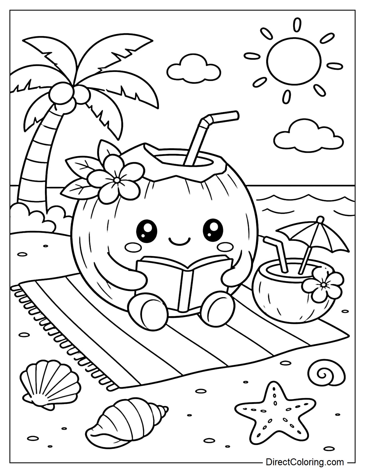A cute coconut sits on a beach towel reading a small book, with a glass of coconut water and some seashells beside it.