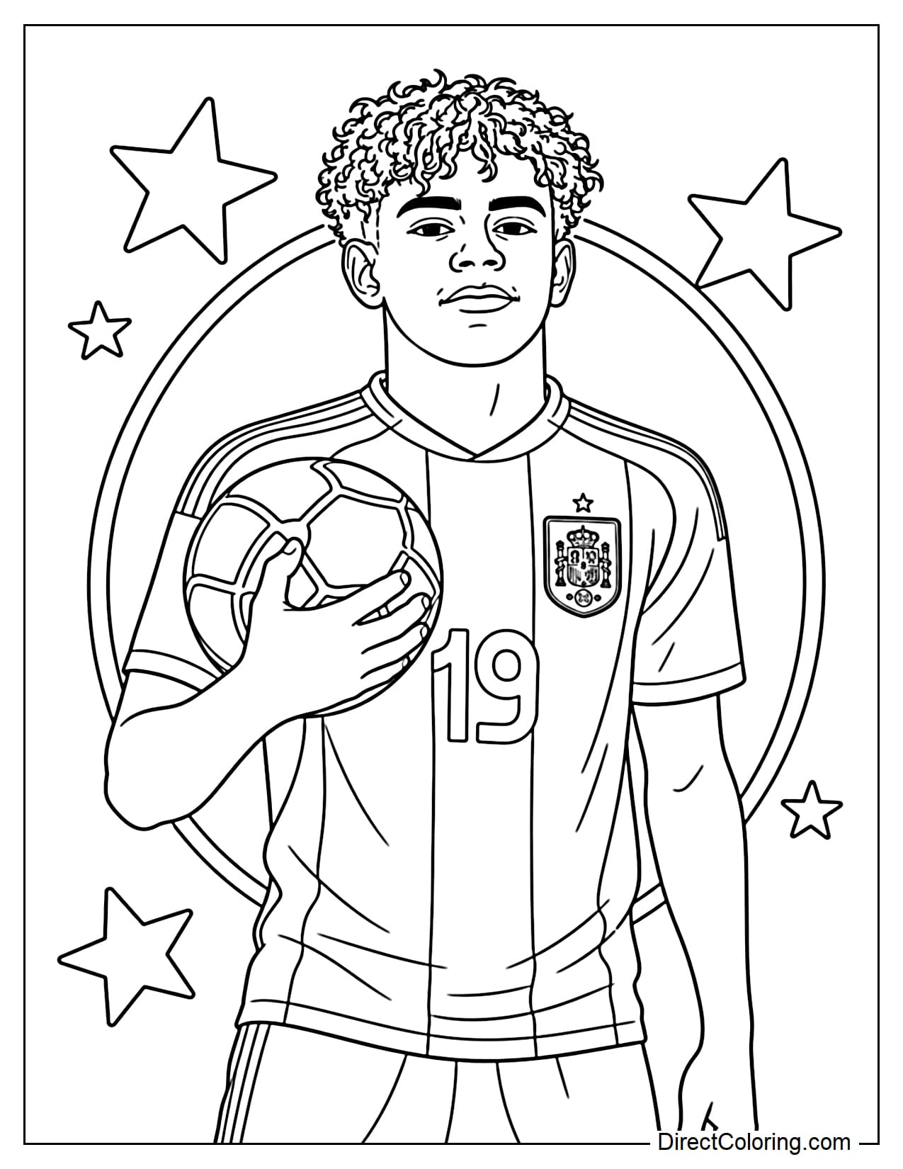 A half-body portrait of Lamine Yamal, holding a soccer ball in one arm, with striking curly hair, and a circular frame with a few stars in the background.