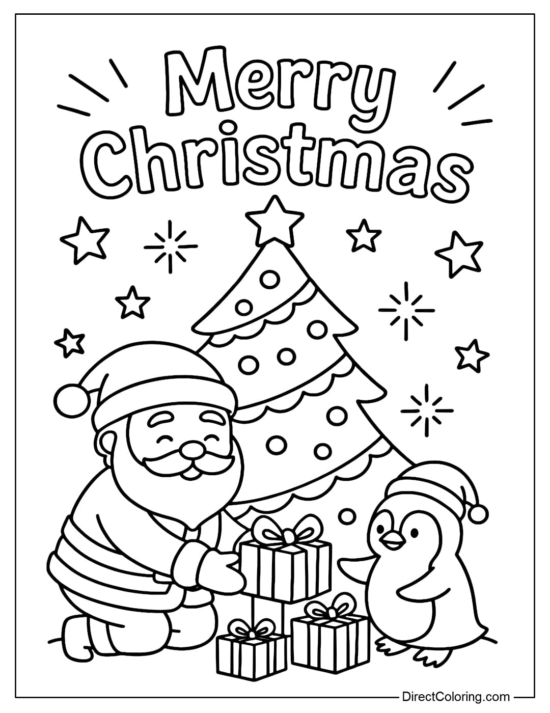 Coloring page Scene of Santa Claus and penguins giving gifts under the Christmas tree. Above is the text Merry Christmas.