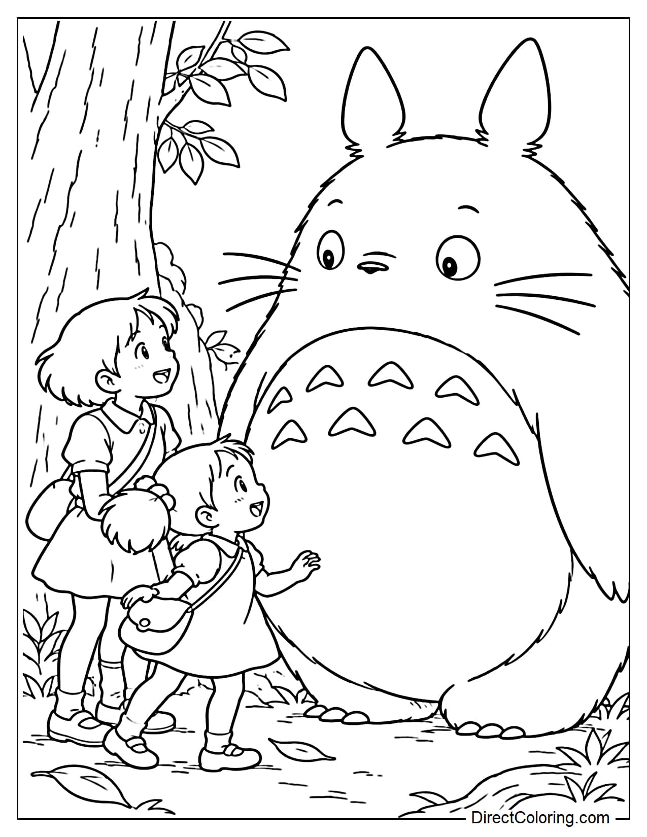 Satsuki and Mei stand together in front of a large Totoro in the forest, with a large tree trunk behind them.