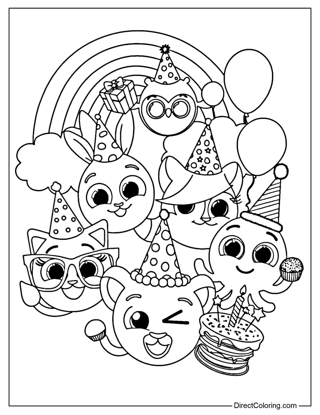 A coloring page of Bolofofos characters Rick, Pow, Sophie, Bunny, Pipi wearing birthday party hats and celebrating happily.