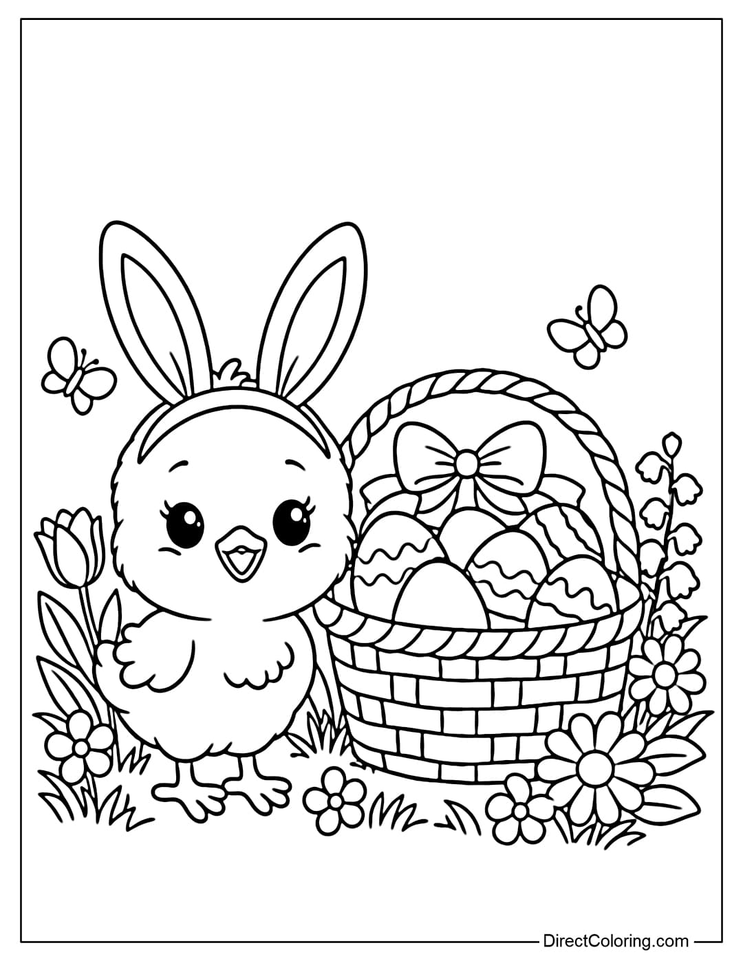 A coloring page of a chick wearing bunny ears standing next to a basket of eggs and spring flowers.