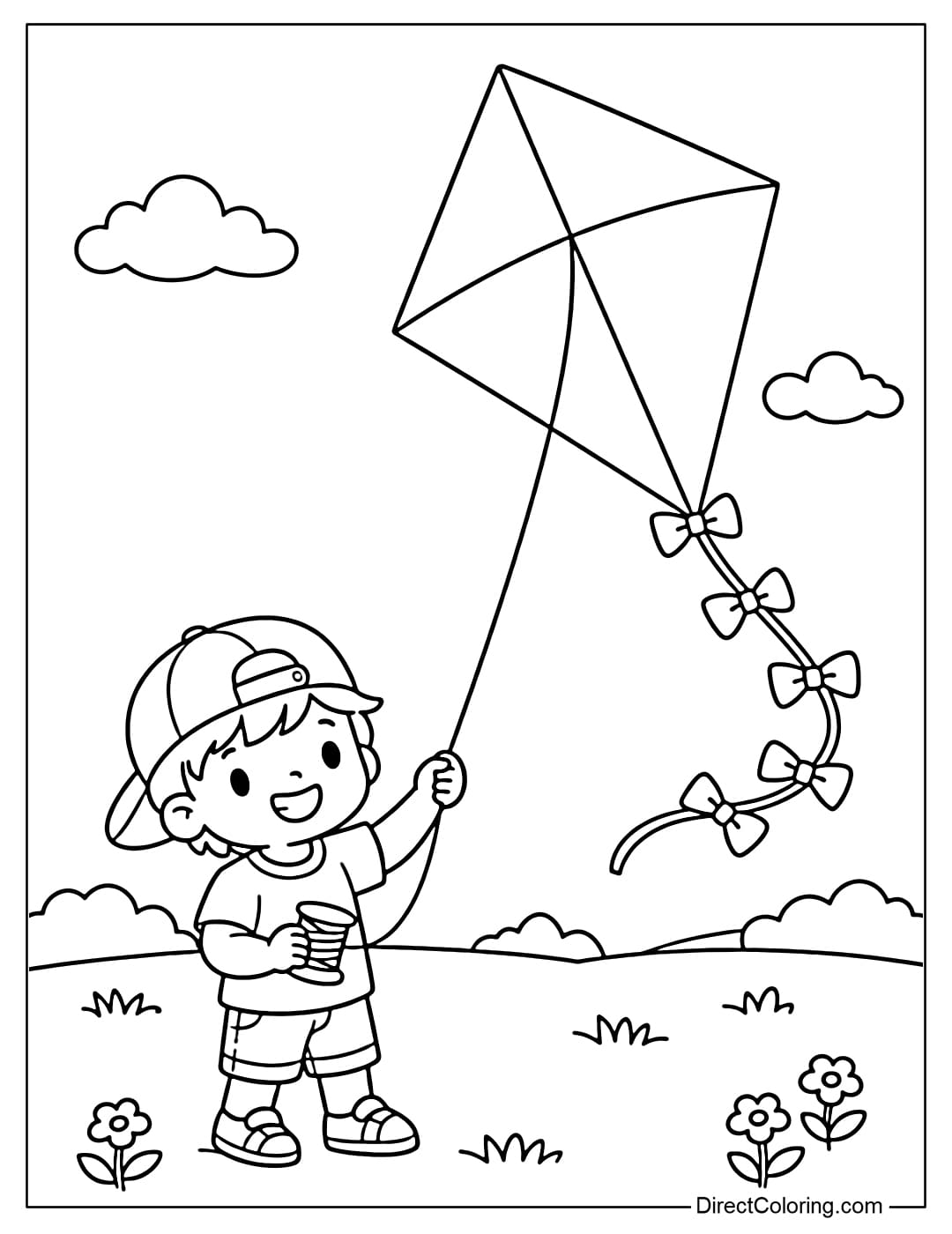 A coloring page of a boy flying a large kite on the grass.