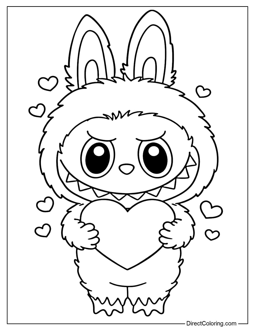 A cute Labubu coloring page featuring two hands hugging a large heart to their chest. Smaller hearts are used as light decorations around it.