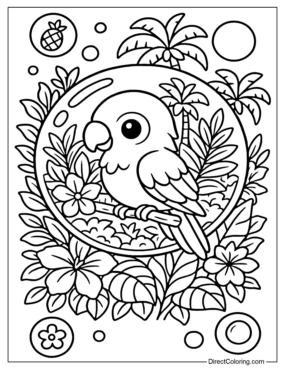 A large soap bubble coloring page containing a baby parrot perched on a small tree branch. Behind the bubble is a tropical forest scene with large coconut trees, large palm leaves, and some tropical flowers.