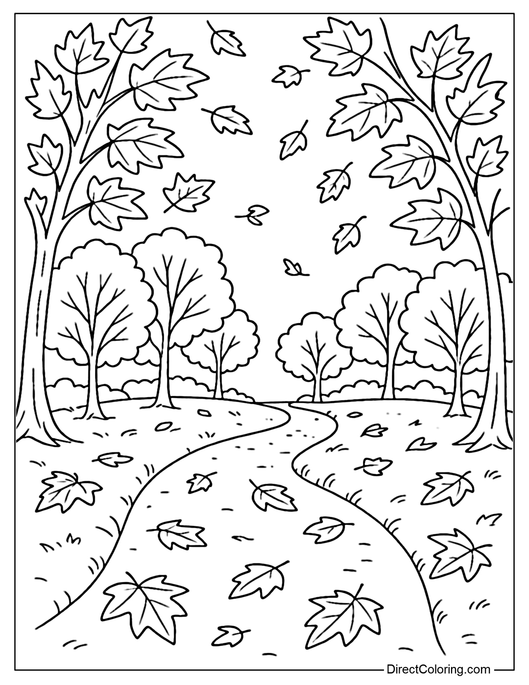 A trail coloring page with yellow leaves on both sides, scattered fallen leaves.