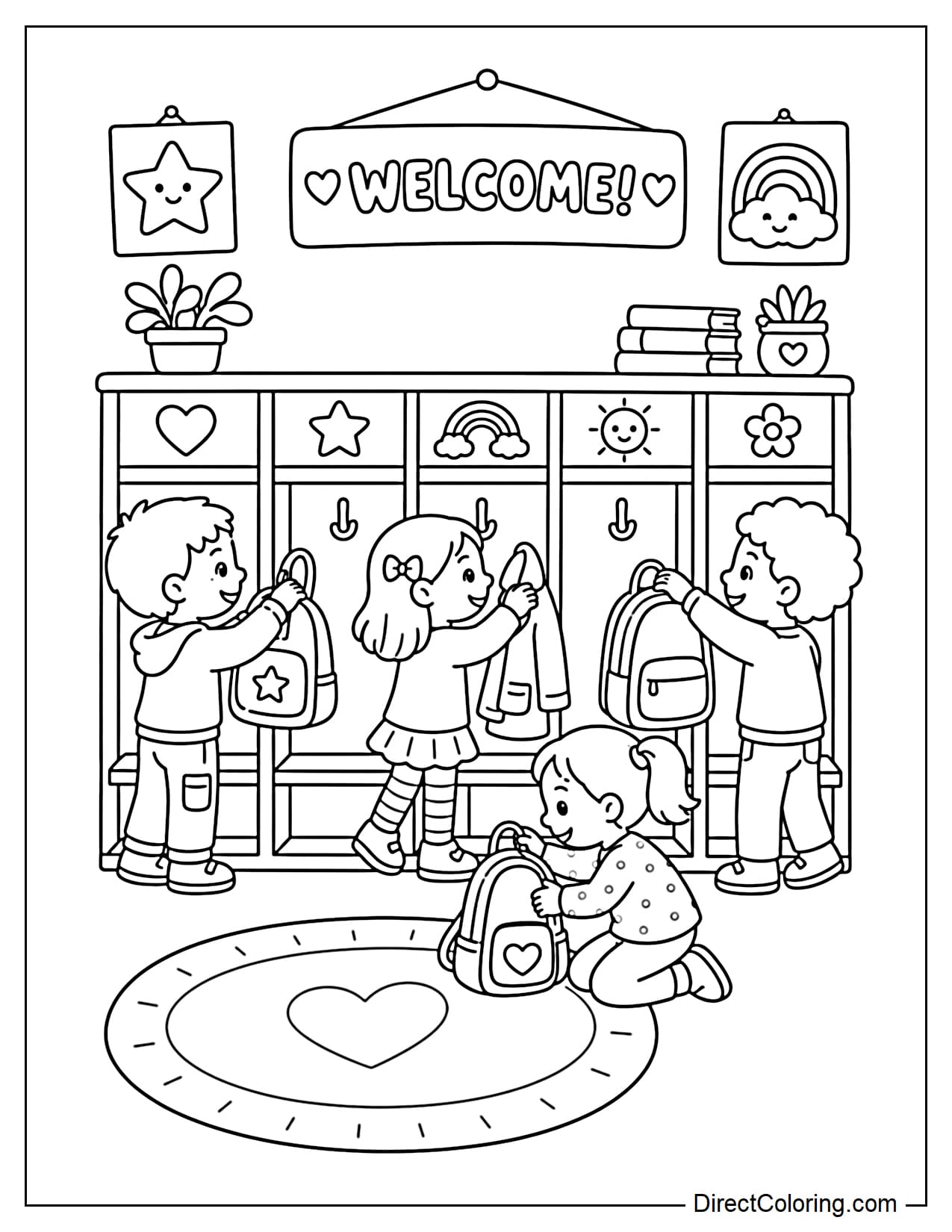 The children are hanging their backpacks and jackets in their individual cubby compartments in the classroom, each compartment featuring cute symbols like hearts, stars, and little rainbows.