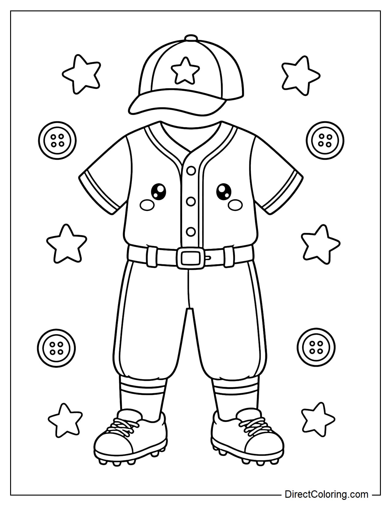 An adorable baseball uniform with a small smiley face on the shirt. There are a few buttons and stars around it.