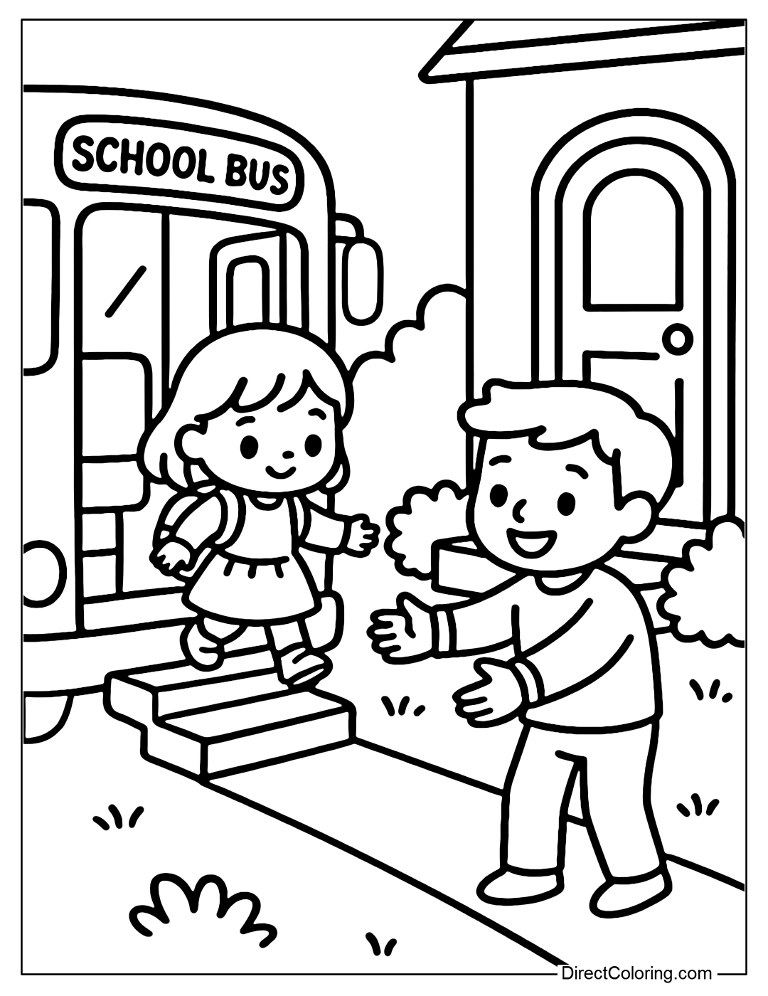 Coloring page of children getting off the bus, father or mother welcoming them in front of the house, a familiar scene.
