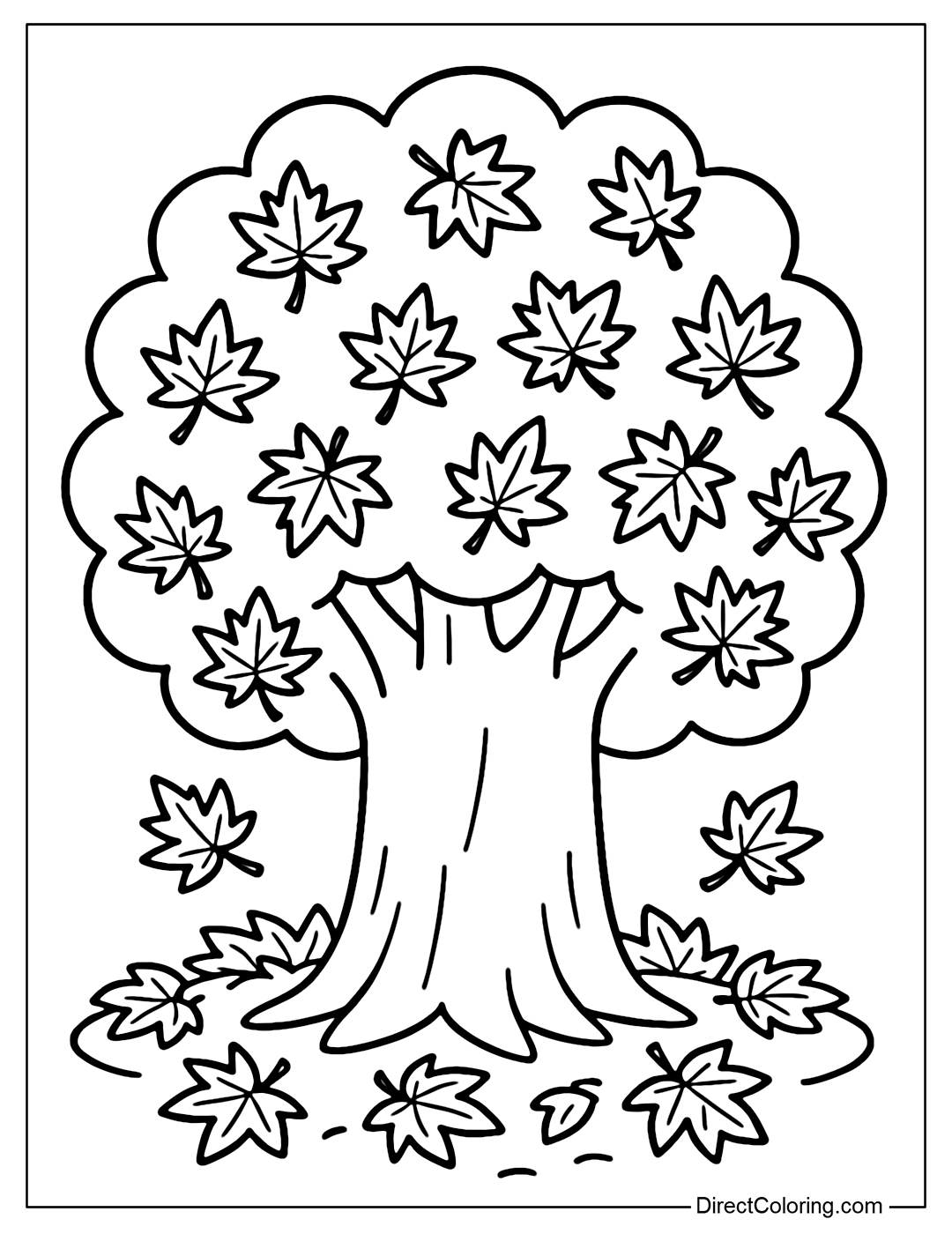 A coloring page with an old tree with fallen red and yellow maple leaves around its base.