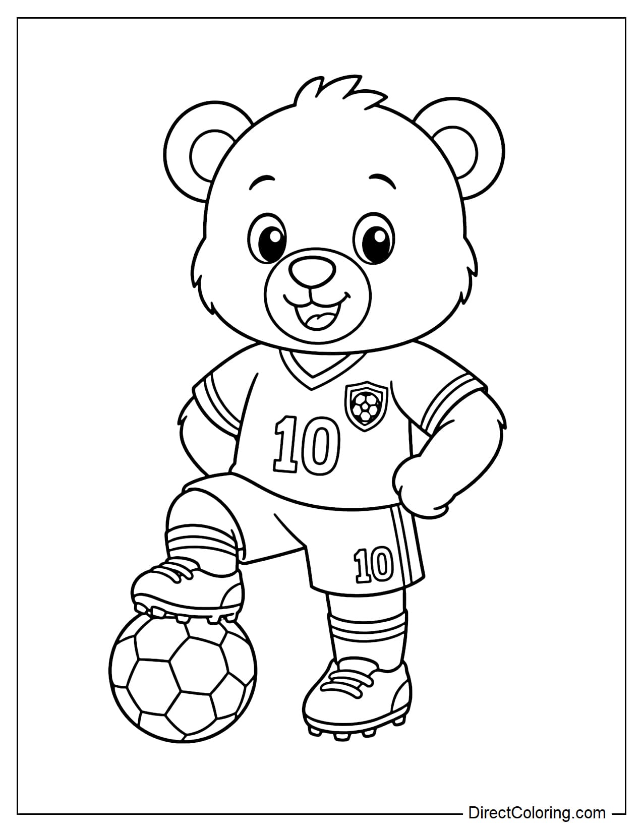A cute bear in a soccer uniform posing with a ball beside it.