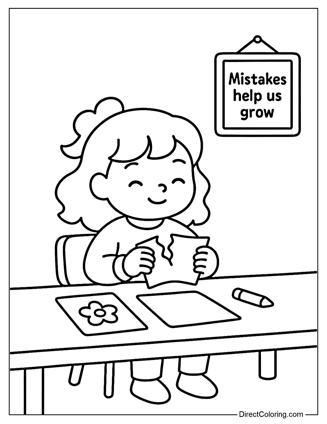 Coloring Page The girl tears a piece of damaged paper, smiles lightly and starts to draw again. The words on the wall: 