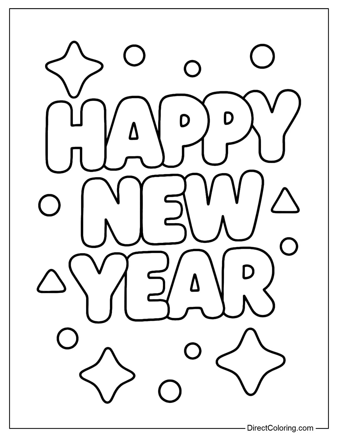 A coloring page of plump, bulging Happy New Year words, combined with rounded curves and simple geometric shapes.