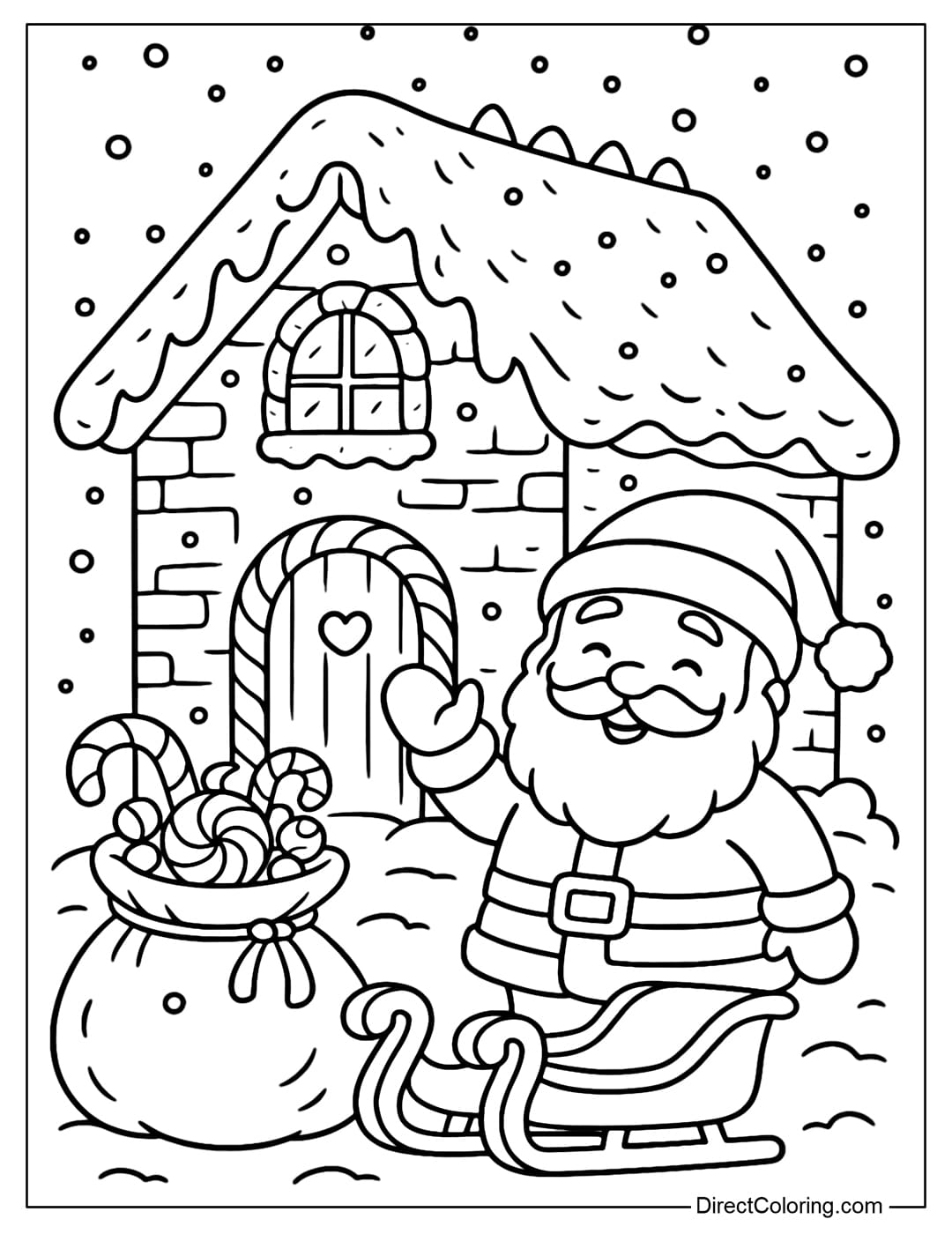 A gingerbread house coloring page with Santa Claus, a sleigh, and a big bag full of candy in front of the door.