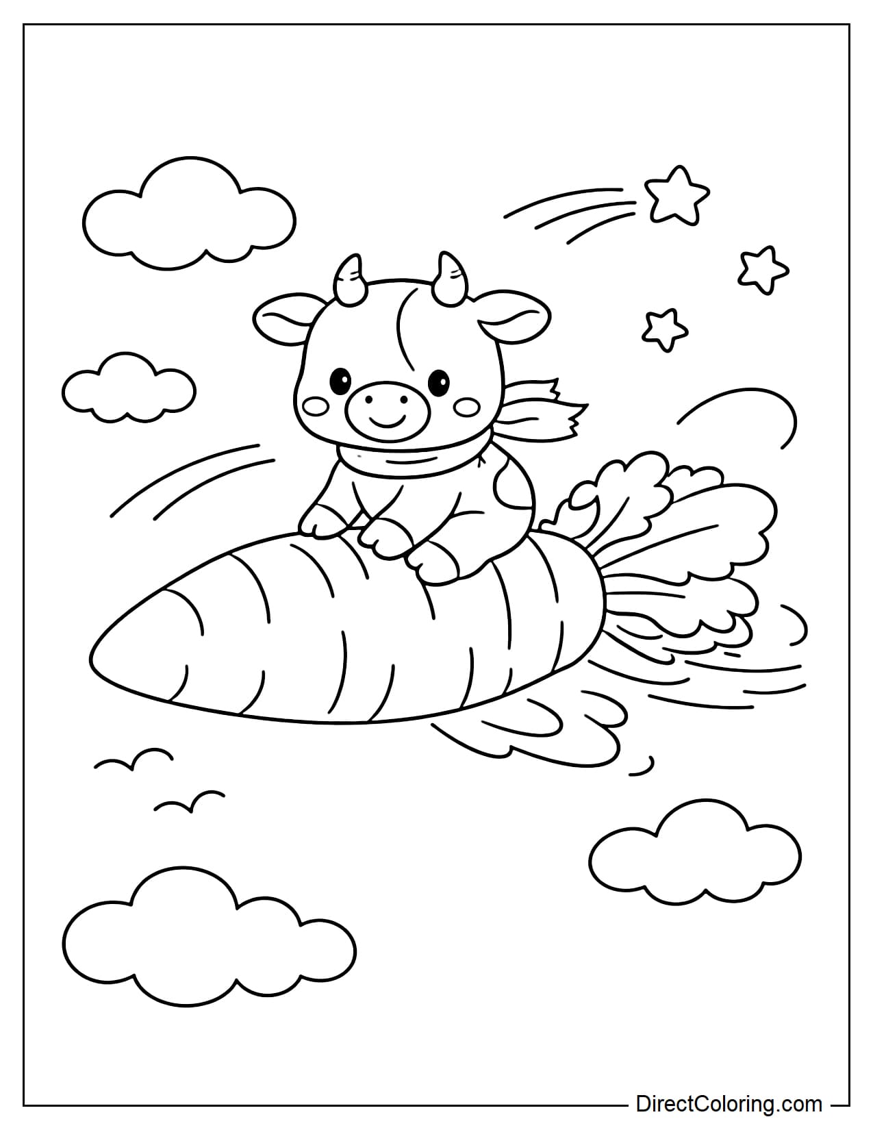 A cow sits on a large carrot flying in the sky with clouds.