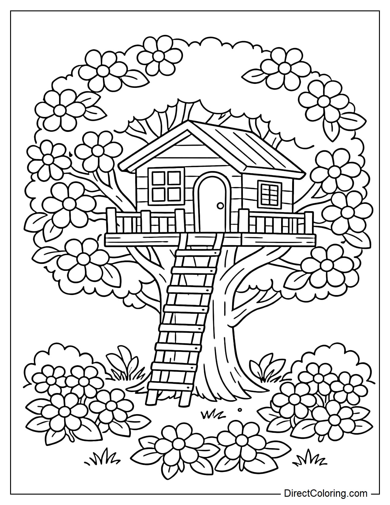 A treehouse perched on a tree with simple foliage but surrounded by many small flowers, with clusters of flowers and leaves at the base of the tree as well.