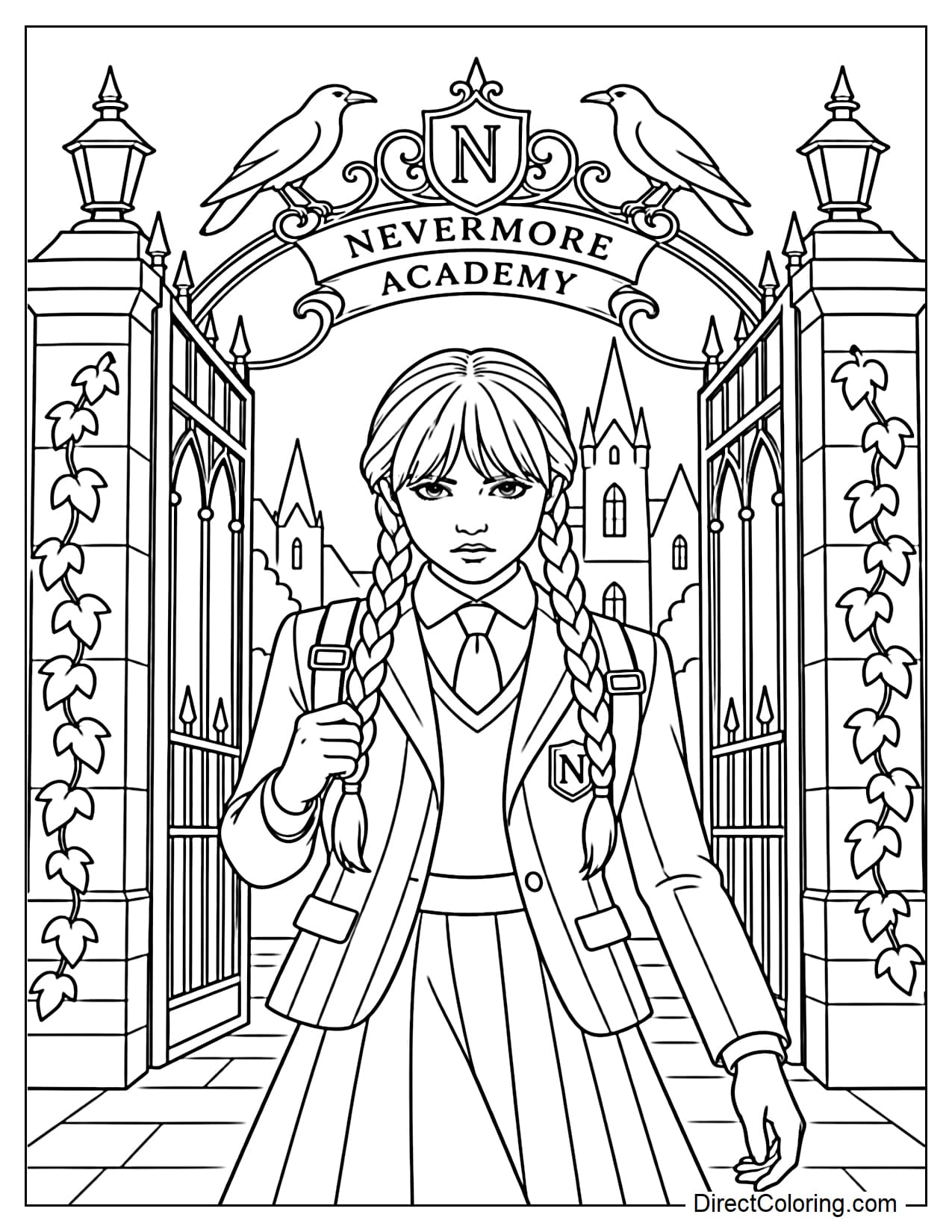Wednesday walks through the large gate of Nevermore Academy, with the two gothic gate doors open on either side. A simple decorative emblem appears above, while two ravens perch on the gate.