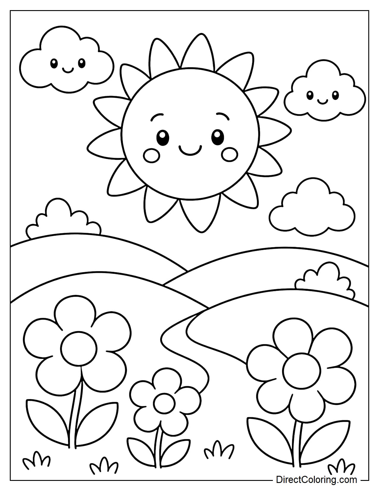 A smiling sun above simple tiny hills with a few large flowers and round clouds.