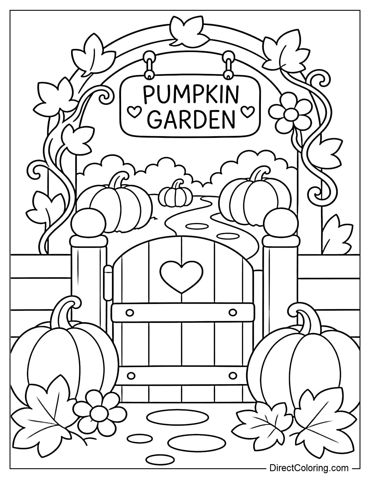 A small wooden gate leading to an October pumpkin garden, with large pumpkins on both sides, autumn leaves, and a few seasonal flowers surrounding the entrance.