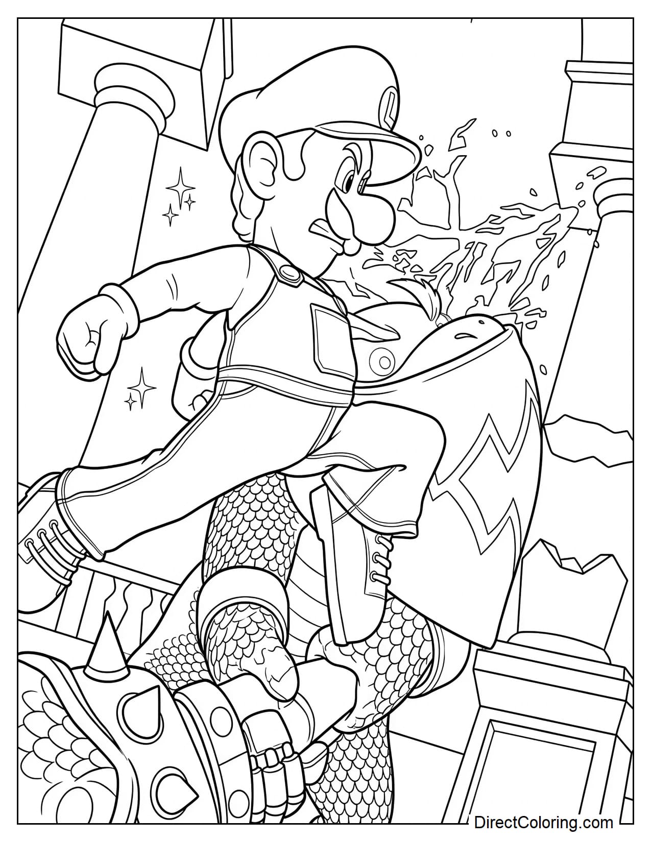 Luigi bravely charges forward and delivers a powerful kick to Bowser Jr. in the middle of an intense battle, surrounded by crumbling stone pillars.