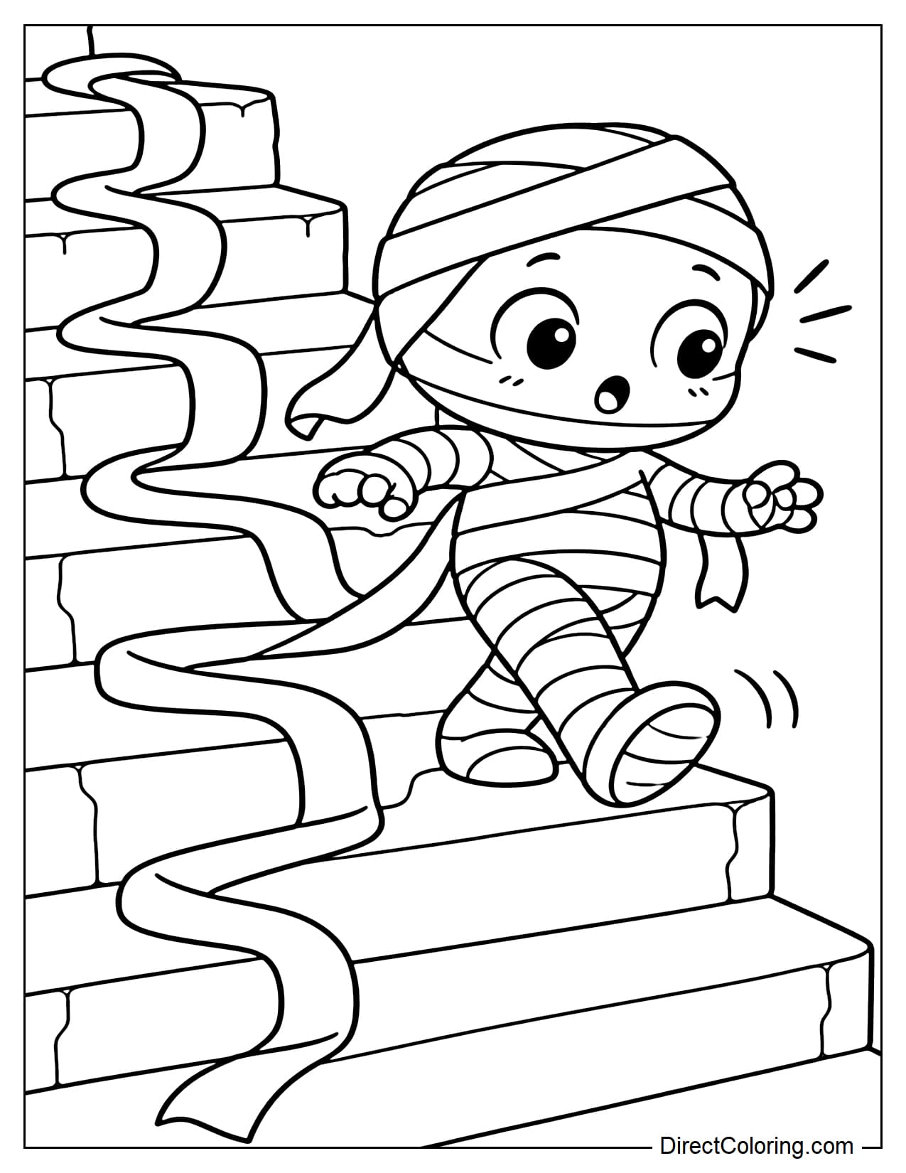 A small mummy is walking down stone steps while the bandages around its body unexpectedly unravel and trail along the stairs.
