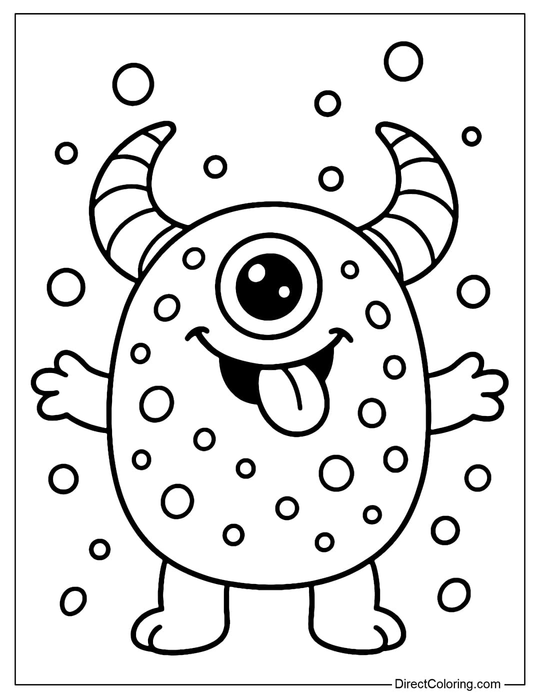 A coloring page of a round-bodied monster with two large curved horns, round eyes, and a funny mouth sticking out its tongue.