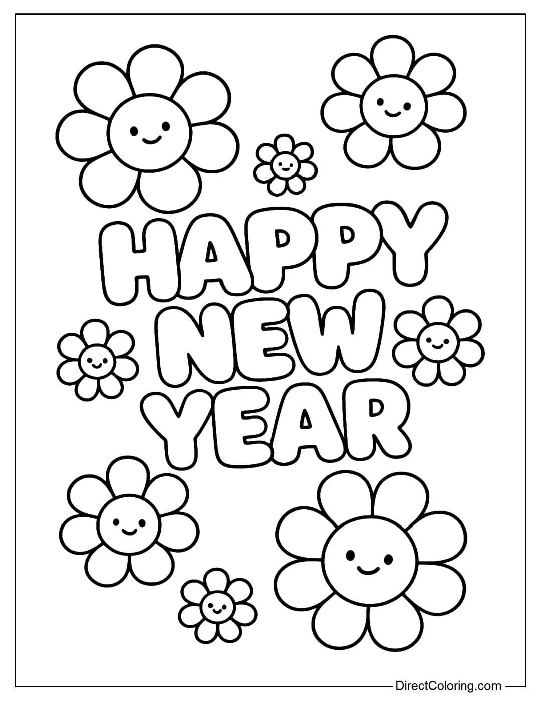 A coloring page of Happy New Year words that are as soft as a pillow, with large and small flowers blooming around them.