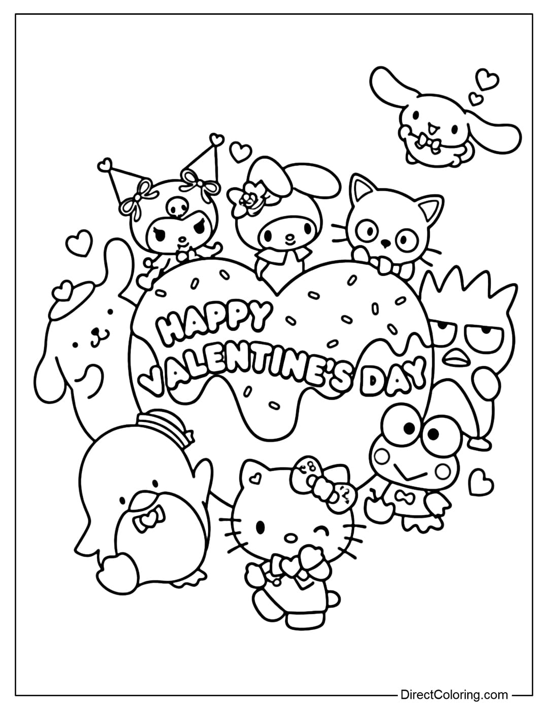 A Valentine coloring page with cute Sanrio characters surrounding a heart-shaped donut and the words 