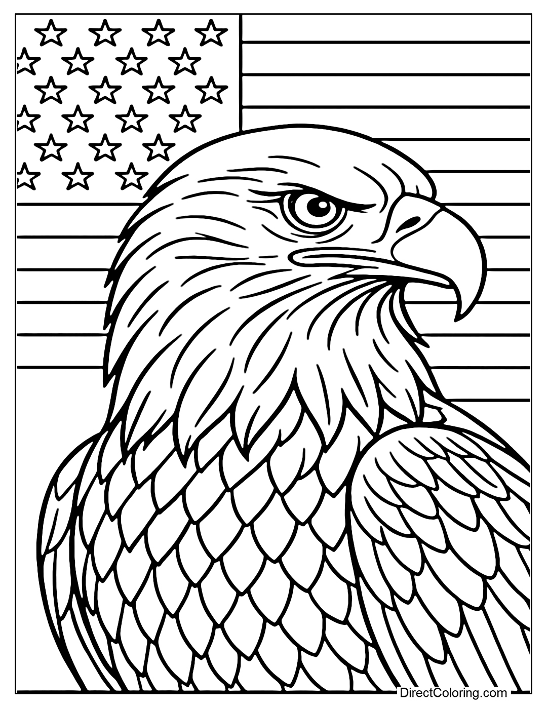 Coloring page of a bald eagle with proud eyes, the background has American flag stripes.