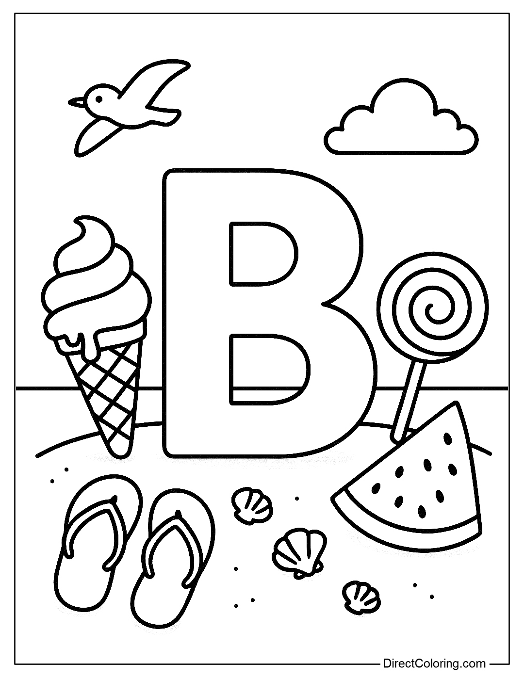 Letter B coloring page with melted ice cream cones, lollipops, and sliced watermelon on both sides. On the sand are flip-flops, a few small seashells, and a seabird flying across the sky.