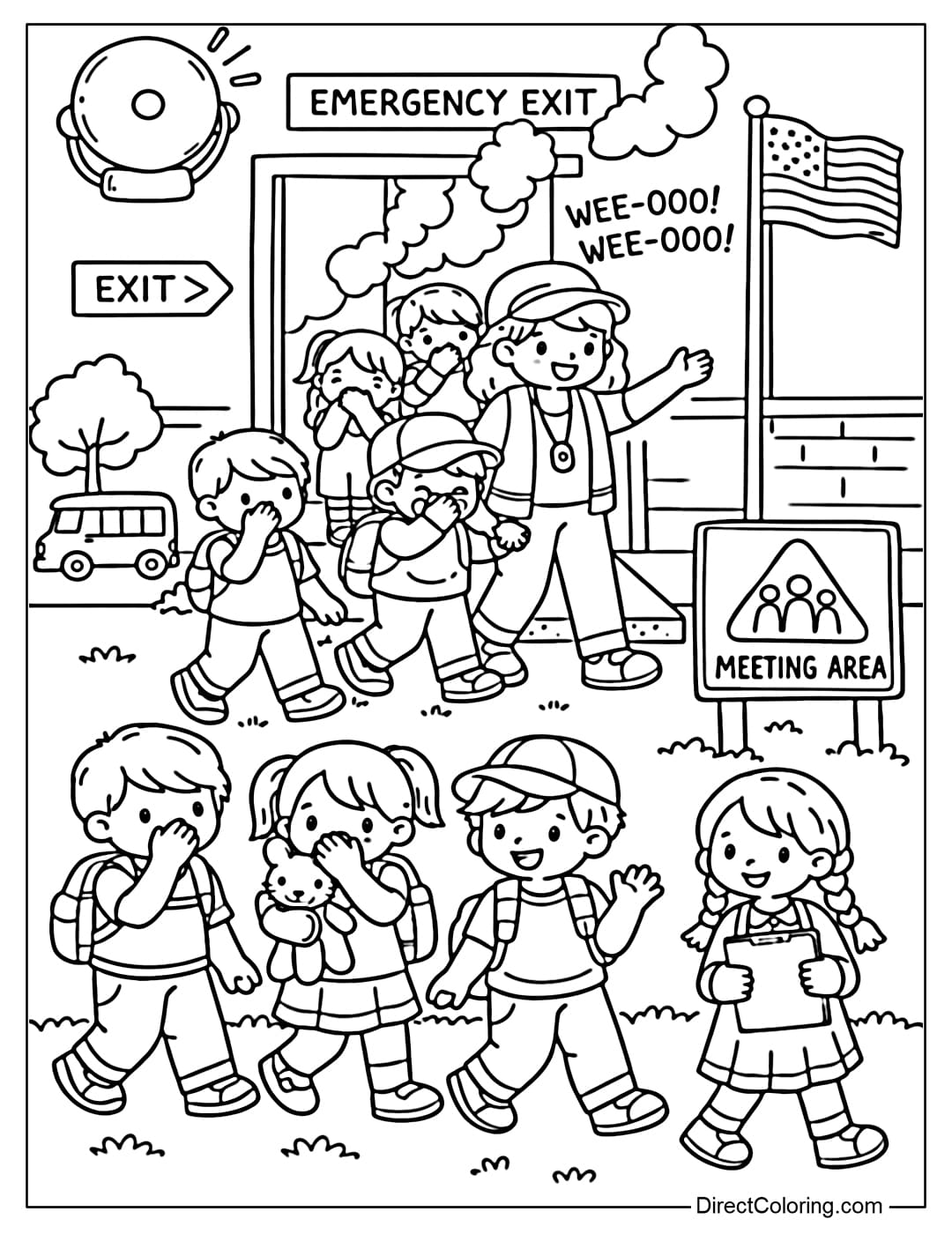 A coloring page depicting an escape drill scene in a school.