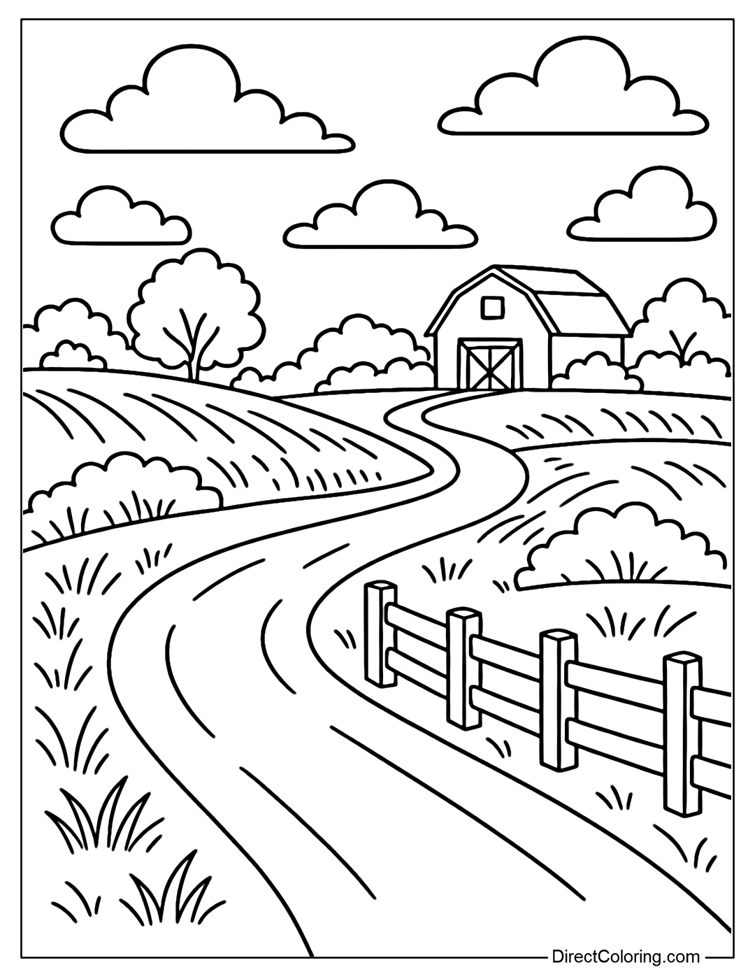 American country road coloring page with white fence, yellow fields, red barn in the distance.