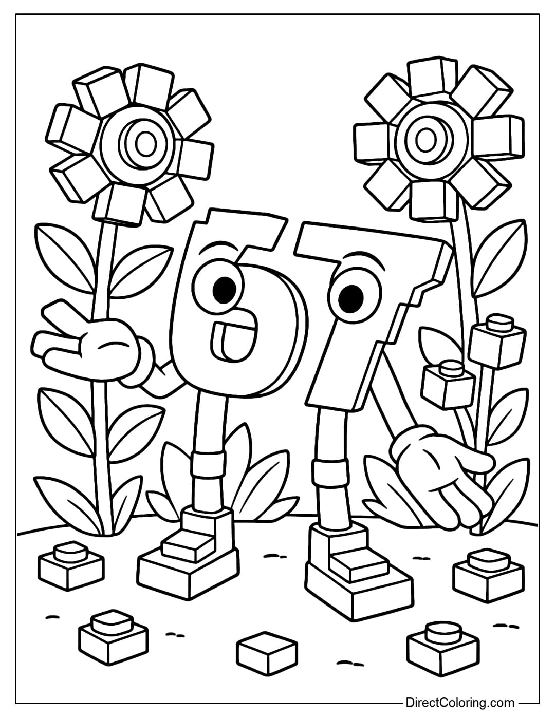 Coloring page 67 Brainrot stands in a Lego flower garden.