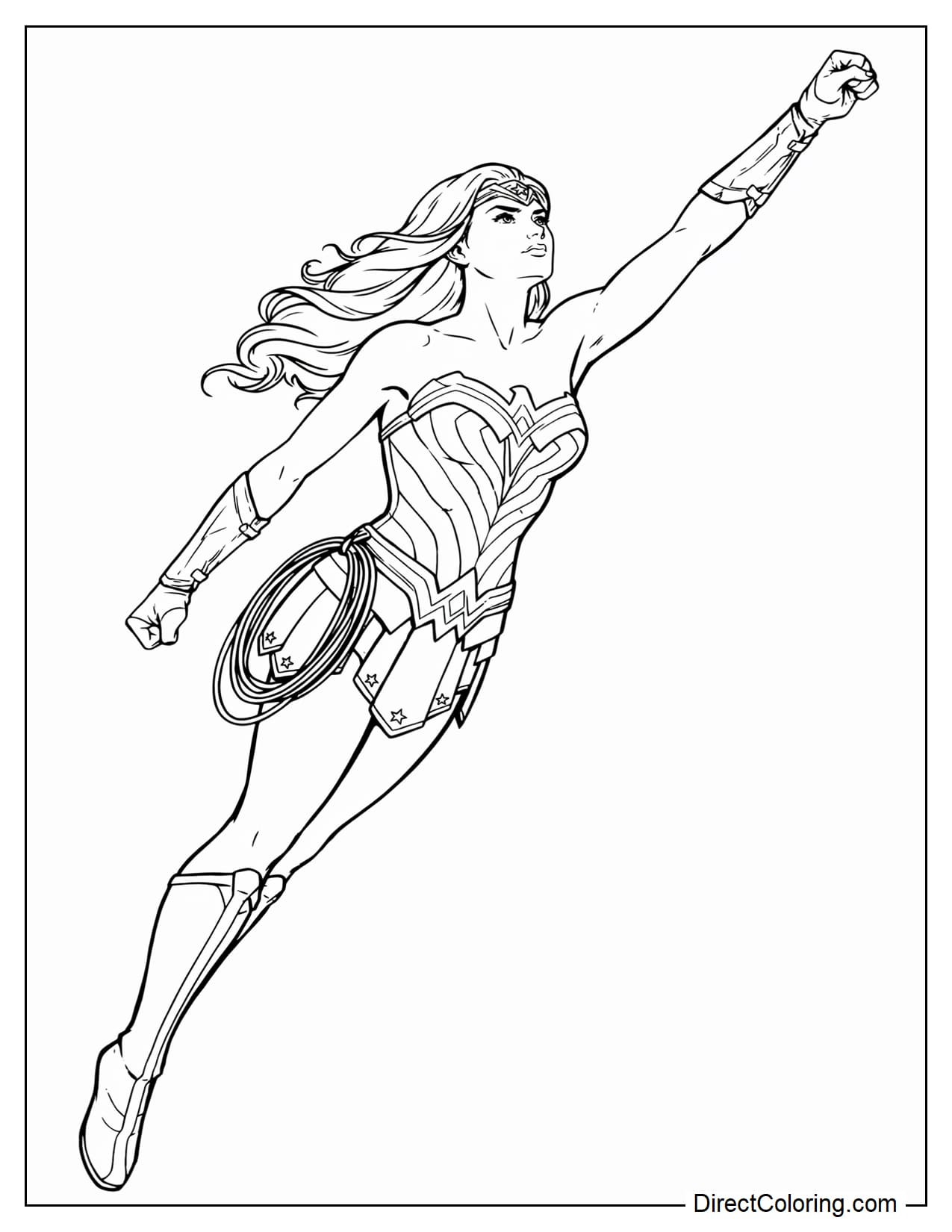Wonder Woman flies diagonally upward with one arm stretched forward and the other slightly bent beside her body, her long hair flowing behind her.