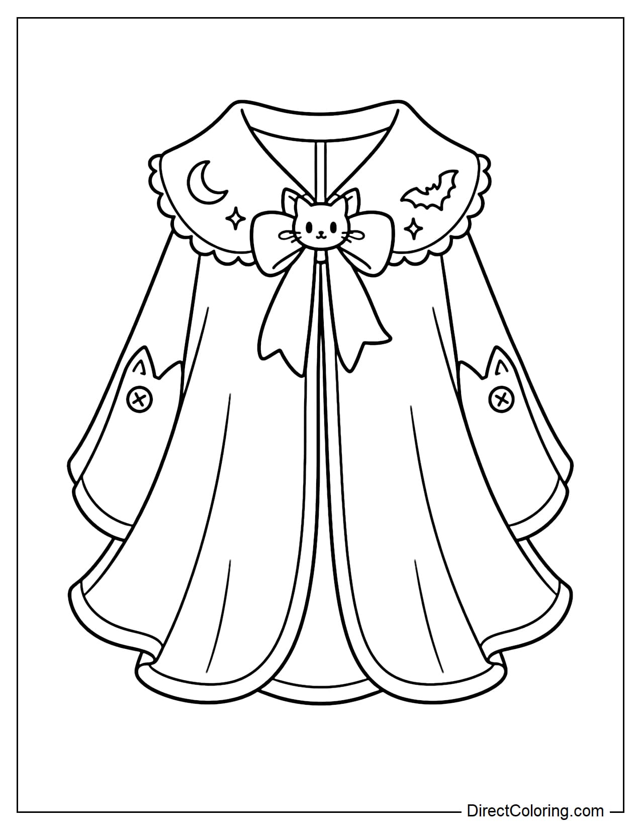 A Halloween cape coat with broad shoulders, a softly flared bell-shaped silhouette, a black cat head clasp, and a large bow with cat ears. Crescent moon and bat details decorate the collar.