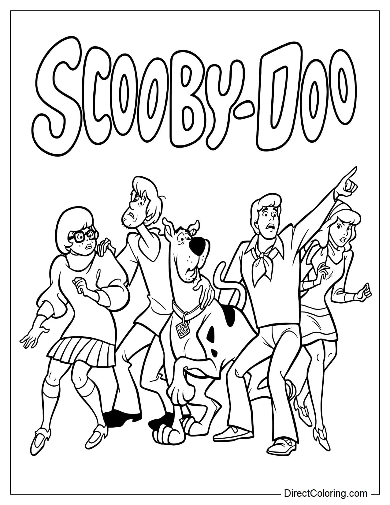 The five Mystery Inc. members, Velma, Shaggy, Scooby-Doo, Fred, and Daphne, are standing together ready for an adventure, with the text 