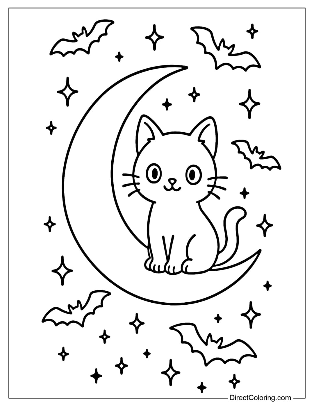 Halloween bookmark coloring page with a black cat sitting on a crescent moon, surrounded by flying bats, star motifs.