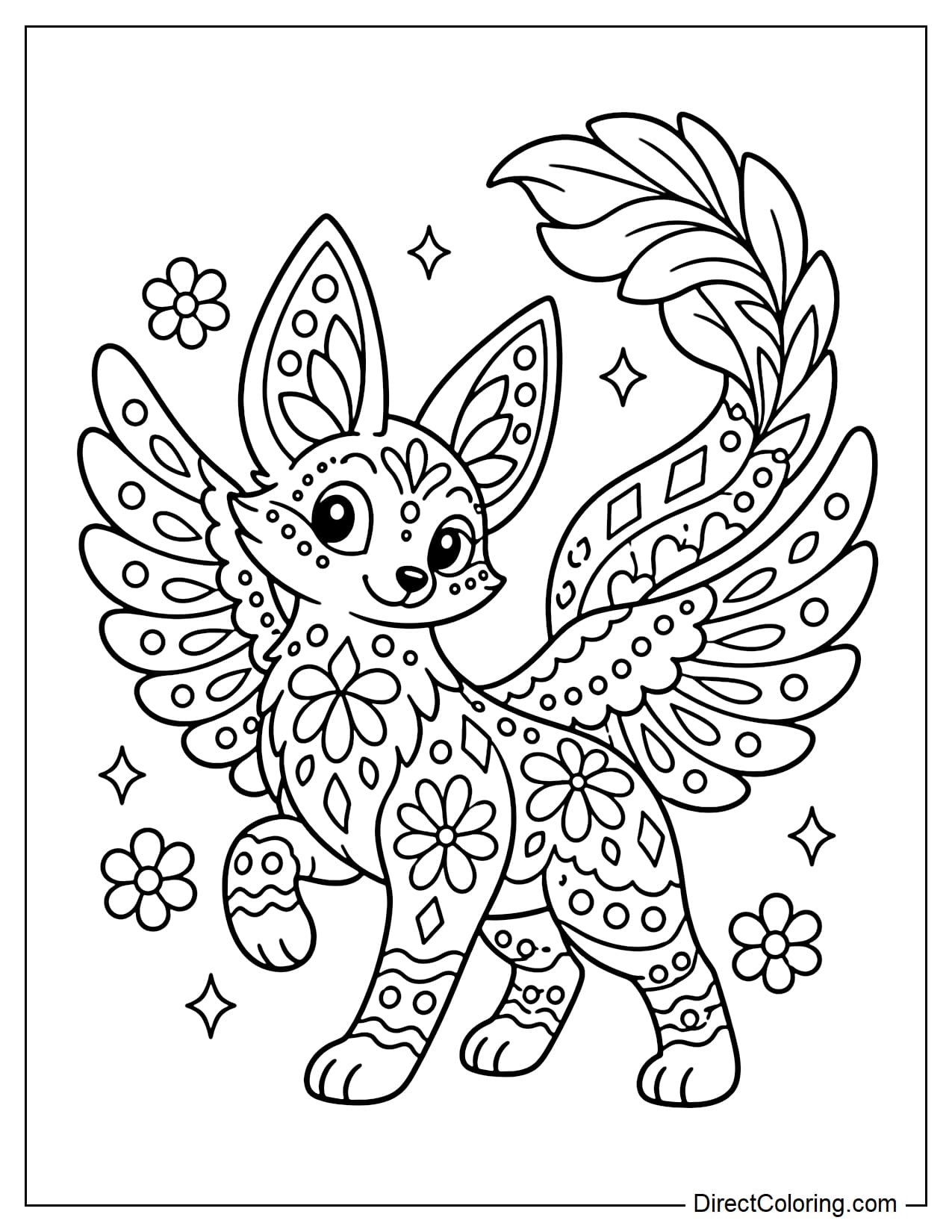An adorable Mexican alebrije creature has a fox-like head, large ears, four short legs, wide-spread wings, and a long curling tail. Its body features floral patterns, diamonds, wavy lines, and dots, with a few small flowers nearby.
