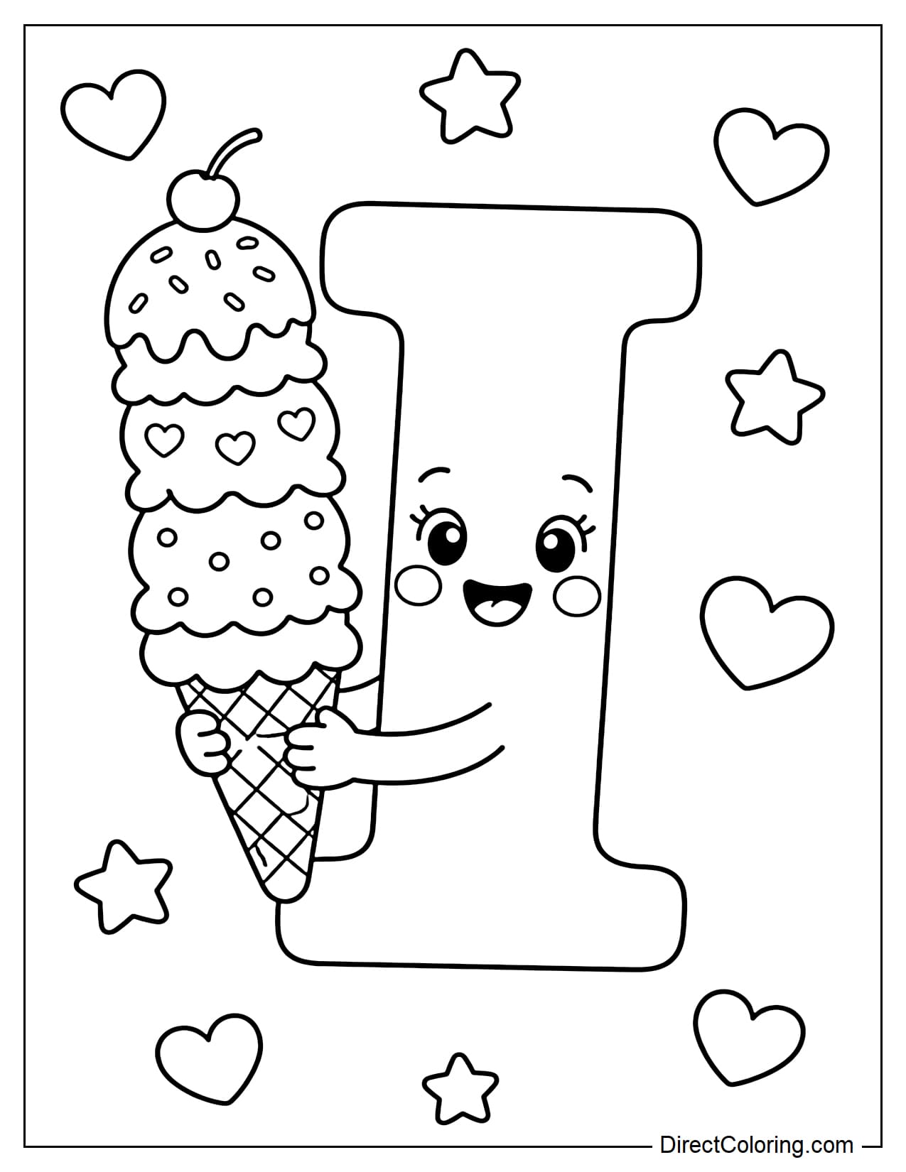 The adorable letter I is holding a multi-layered ice cream cone and smiling happily, surrounded by simple hearts and stars.