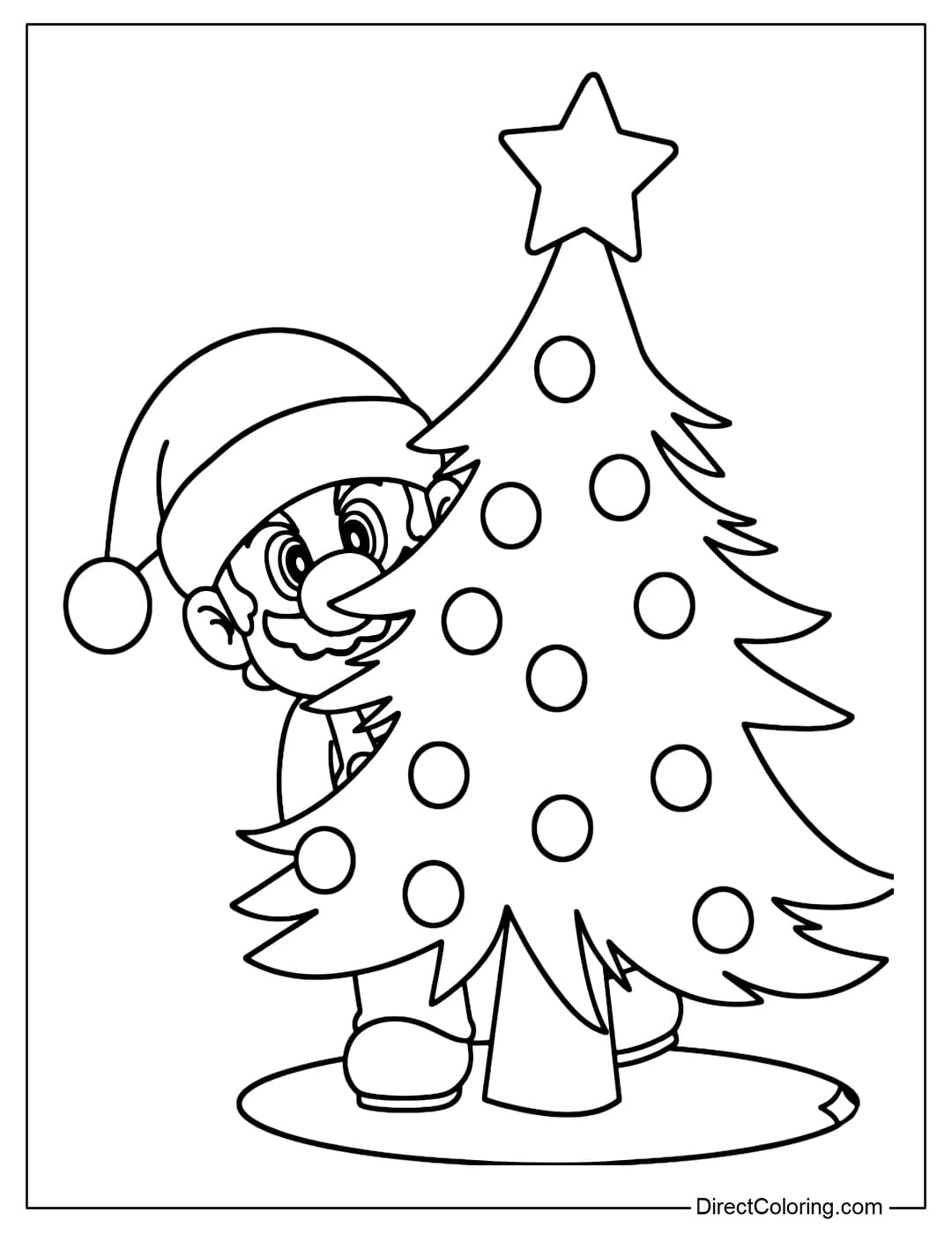 Coloring page showing Mario in a Santa hat playfully peeking out from behind a decorated Christmas tree topped with a big star.