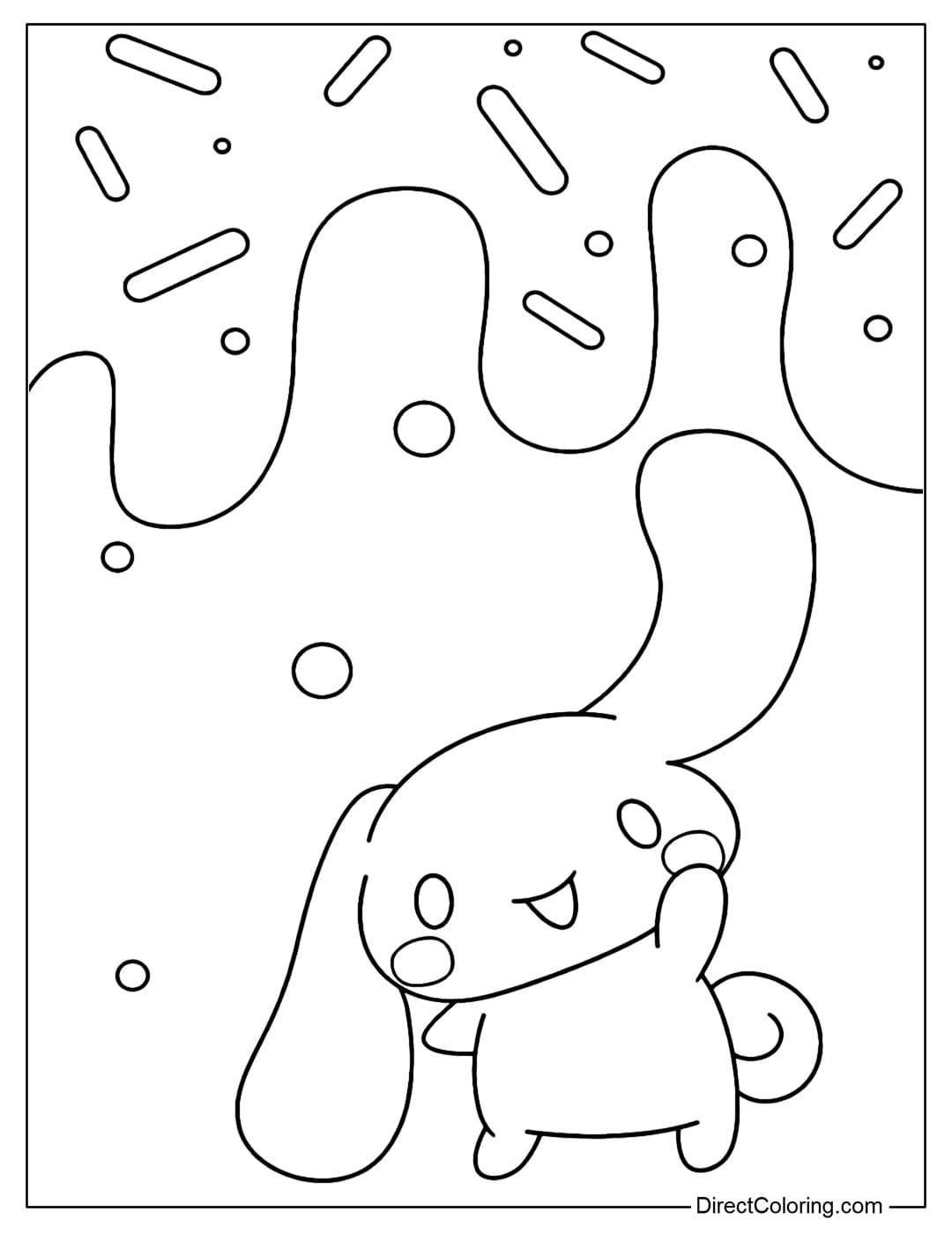 A cute Cinnamoroll coloring page featuring an adorable pose against a backdrop of melted ice cream and sprinkles.