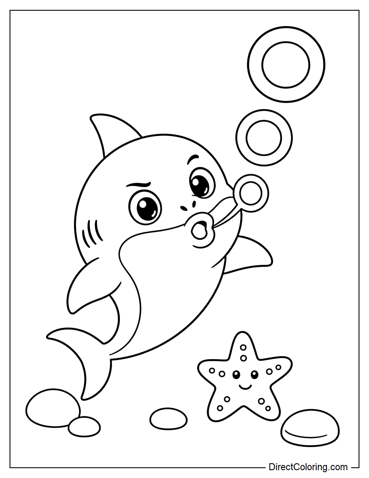 A small shark is tilting its body and blowing three large rings of bubbles, surrounded by a few round stones and a starfish.