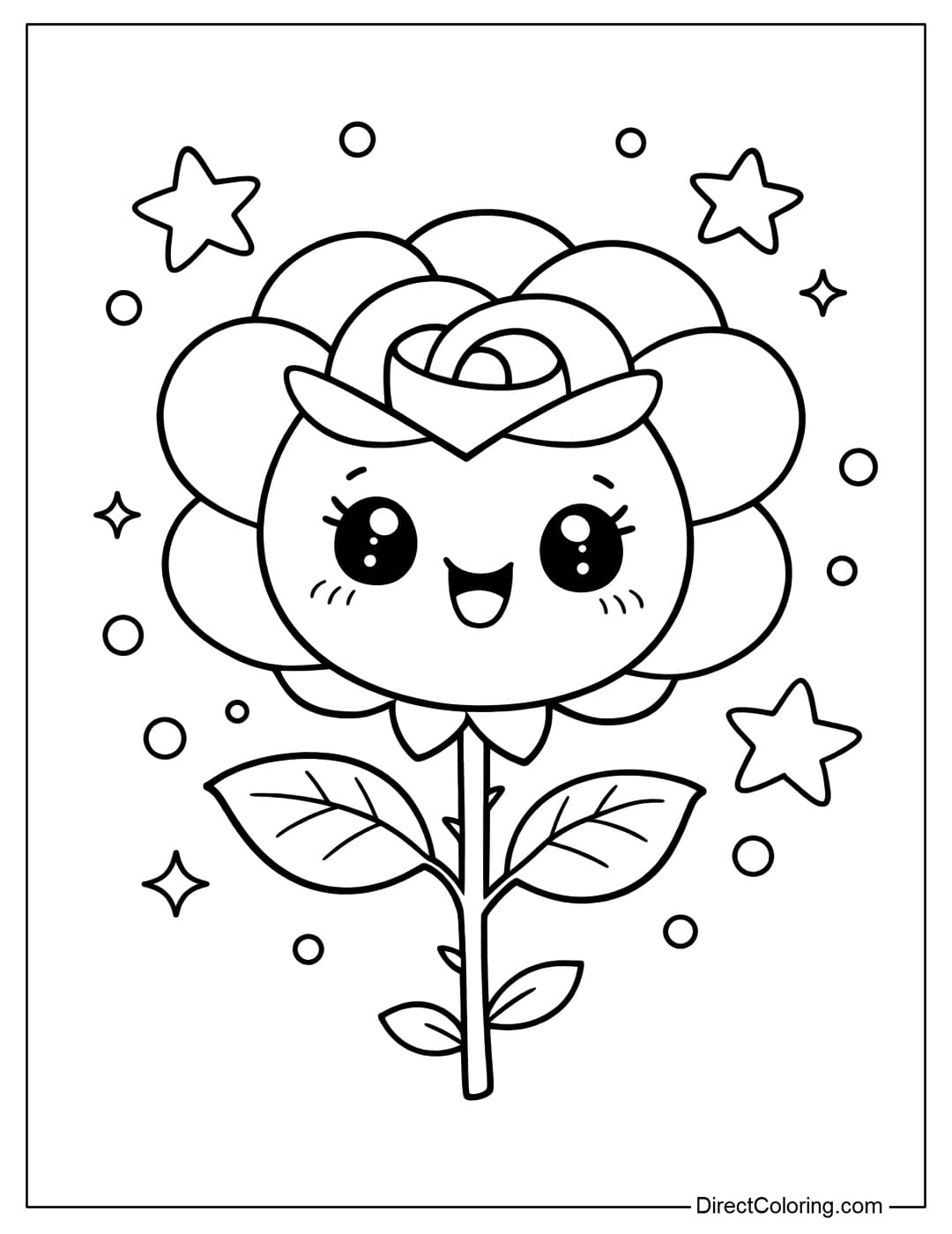 A cute rose coloring page featuring a smiling face, round petals, and a cheerful expression. Surrounding it are stars and dots.