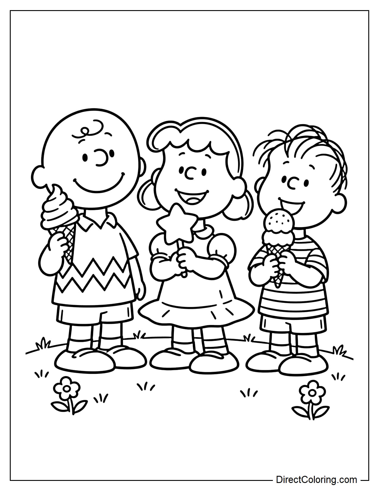 Charlie Brown, Lucy, and Linus happily enjoy ice cream together. Charlie Brown holds an ice cream cone, Lucy holds a star-shaped ice cream bar, and Linus holds a cone with two round scoops.