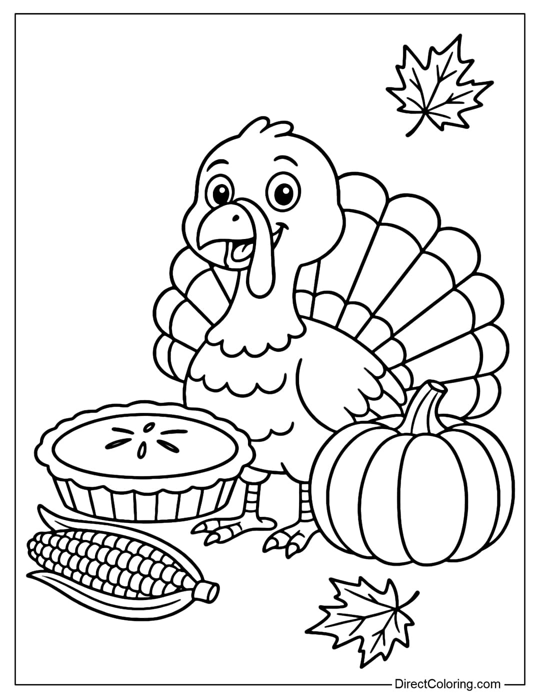 A coloring page of a turkey standing in the middle of the Thanksgiving table, with pie, pumpkins, corn, and maple leaves decorating around it.