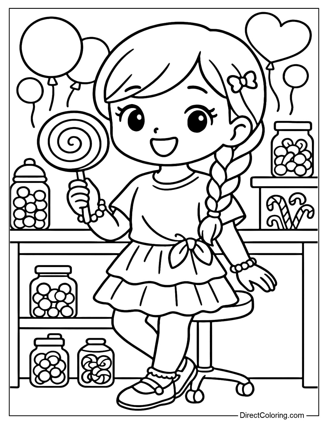 A coloring page of a girl with side-swept hair, with a cute little bow. She holds a large round lollipop in her hand.