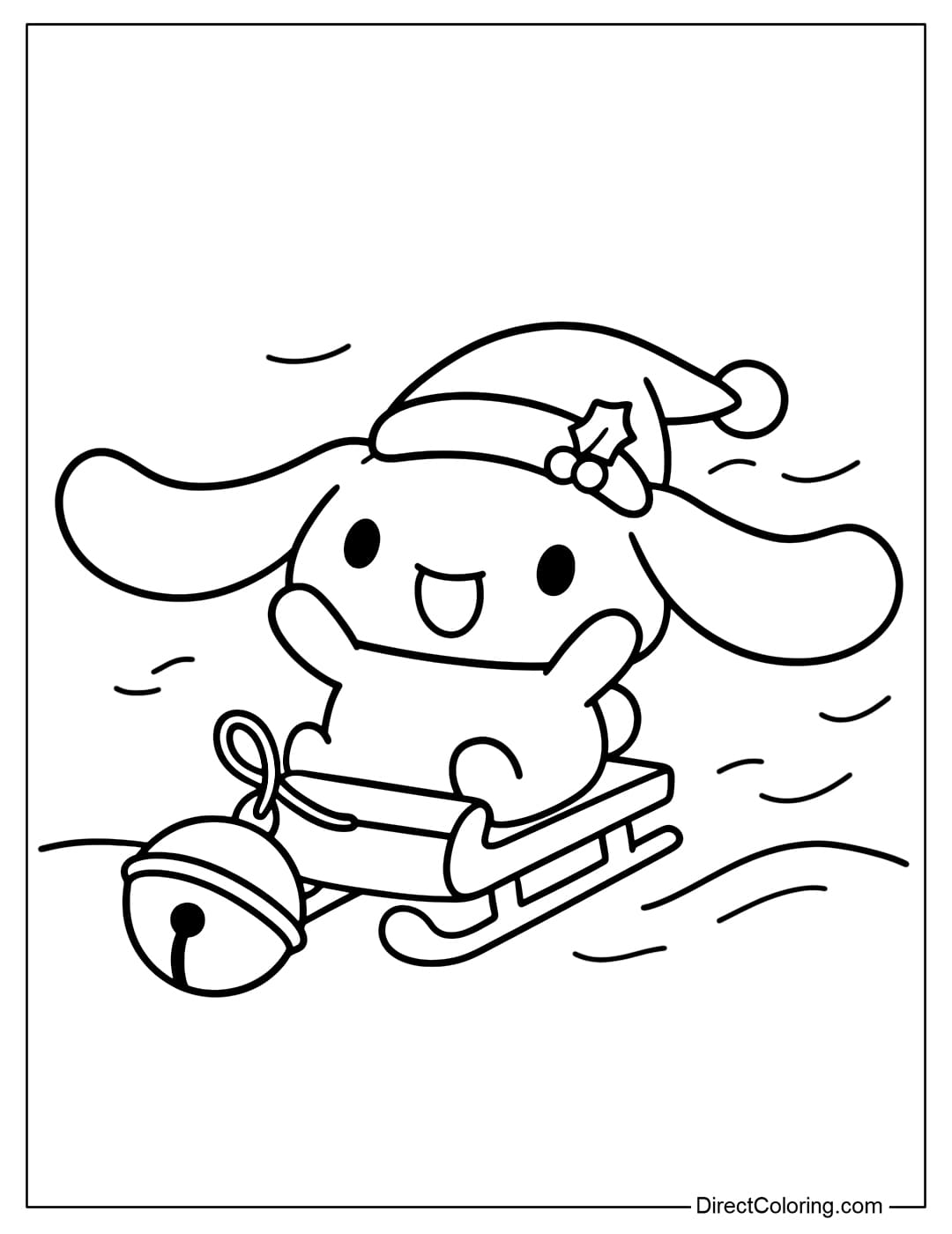 Coloring page of Cinamoroll sitting on a small sleigh, his hands raised in excitement, with a rope tied to a large bell in front.