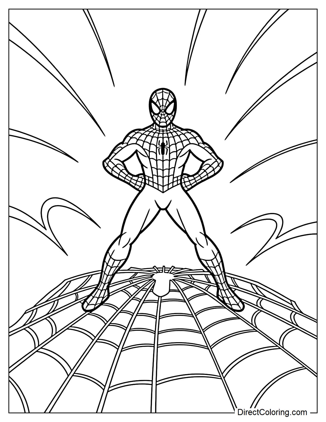 Spider-Man is standing confidently on a giant spider web with his hands on his hips playfully.