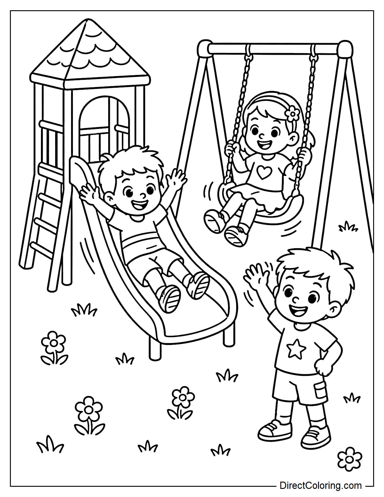 Three students are having fun during recess; one is sliding down a slide, one is on a swing, and one is waving.